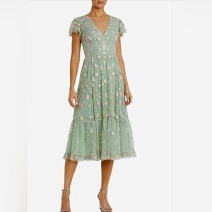 NWOT Mac Duggal Sage Green Midi Dress with Pink Floral Embroidery